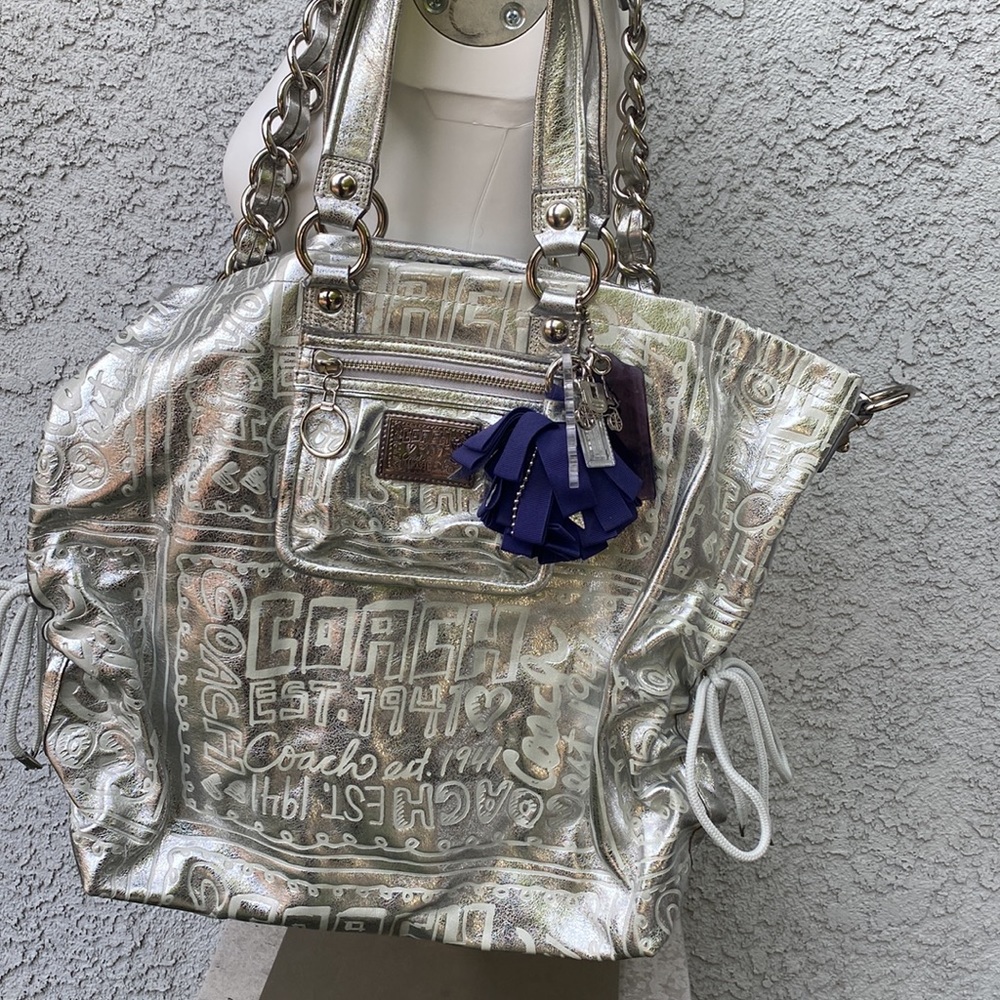 Vintage Y2K RARE Silver Metallic Coach Poppy Signature Shoulder Bag Purse XL - Picture 8 of 16